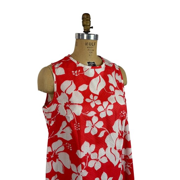 Vintage 70s Hawaiian Dress Womens Large Red Hibiscus Print Textured Shift Tiki - Picture 4 of 10